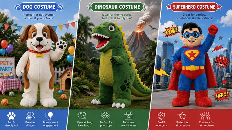 Custom plush mascot costumes featuring dog, dinosaur, and hero-inspired party themes with immersive event backgrounds