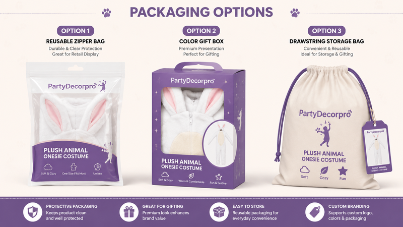 Plush animal onesie costume packaging options showing bag box and drawstring pouch for wholesale customization
