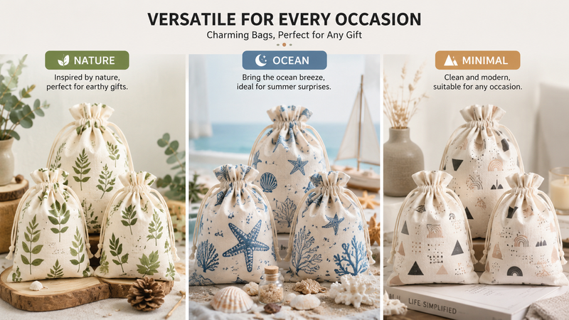 Custom Cotton Linen Drawstring Gift Bags with Nature Ocean and Minimal Theme Designs Reusable Eco Friendly Packaging Bags