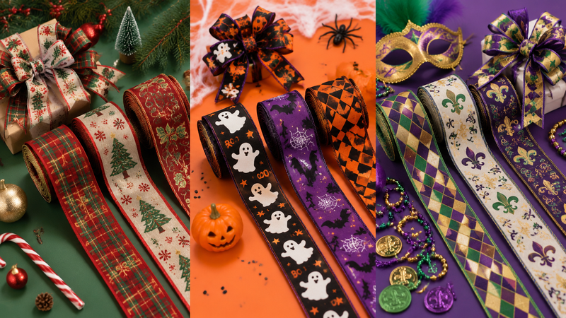 Alt Text
Custom holiday themed printed grosgrain ribbons with decorative bows for Christmas Halloween and party decorations