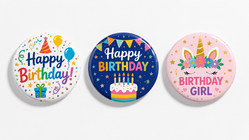 Custom Metal Pinback Badges with Birthday Celebration and Party Theme Designs