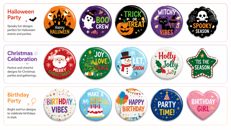 Custom Metal Pinback Badges in Birthday Halloween and Christmas Party Theme Designs