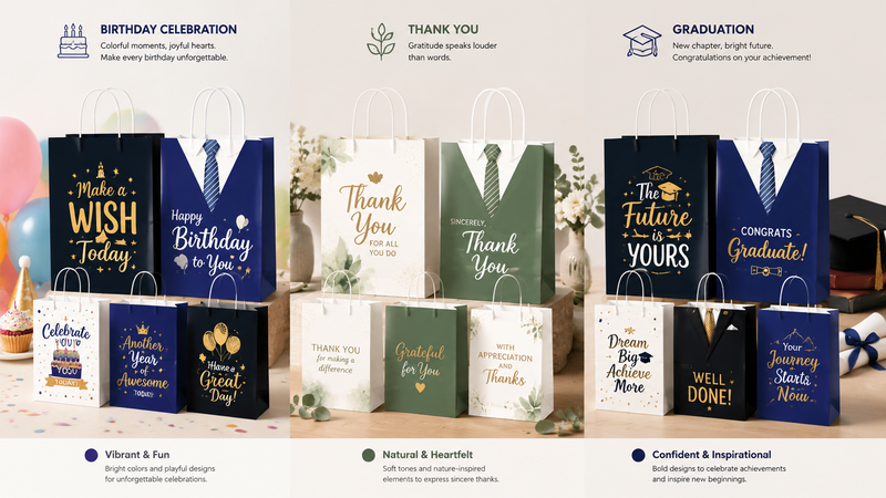Custom themed paper gift bags featuring Birthday, Thank You and Graduation designs with reinforced handles and personalized branding options for wholesale packaging
