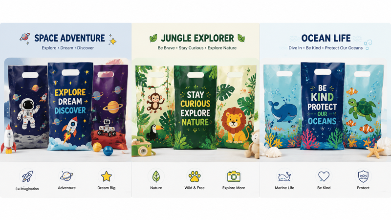 Custom Theme Party Favor Bags Showcase Featuring Space Adventure, Jungle Explorer and Ocean Life Designs with Die-Cut Handles