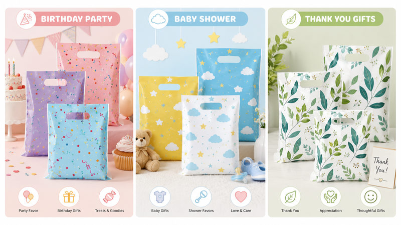 Custom Themed Plastic Gift Bags with Die-Cut Handles for Birthday Party, Baby Shower and Thank You Gift Packaging