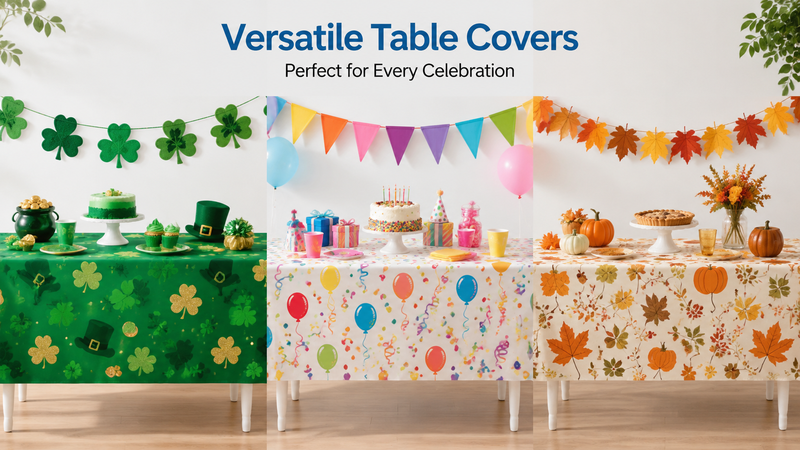 Custom themed waterproof plastic tablecloths for holiday parties, birthday events and seasonal celebrations