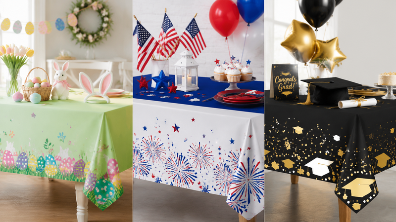 Custom holiday themed plastic tablecloth designs for Easter patriotic and graduation party events