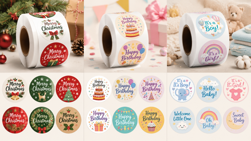 Custom seasonal sticker rolls with Christmas, birthday, and baby shower designs for packaging