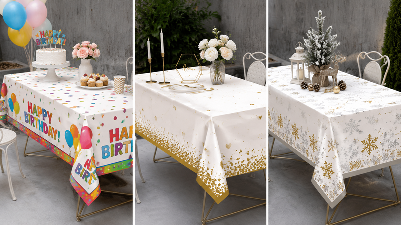 Custom themed tablecloths with birthday wedding and holiday party designs