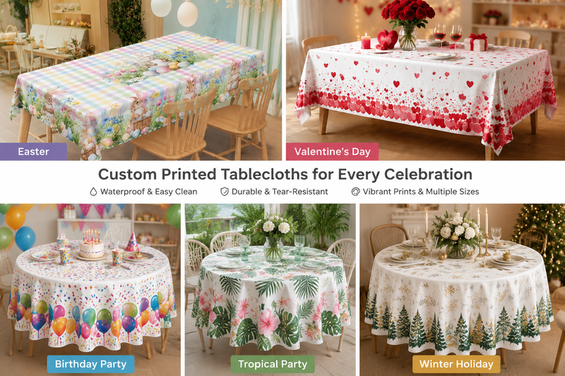 Custom printed round and rectangular tablecloths with festive party designs