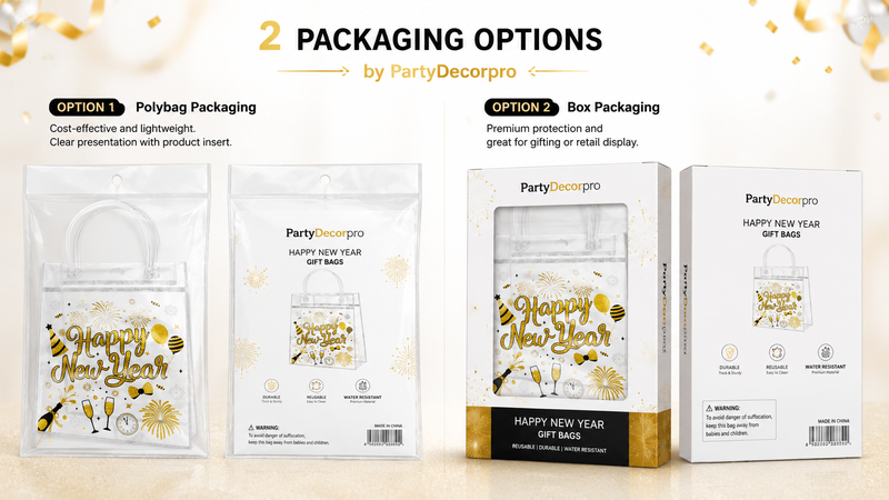 Custom Happy New Year gift bag packaging solutions featuring clear OPP bag packaging and premium retail box packaging for wholesale party supplies