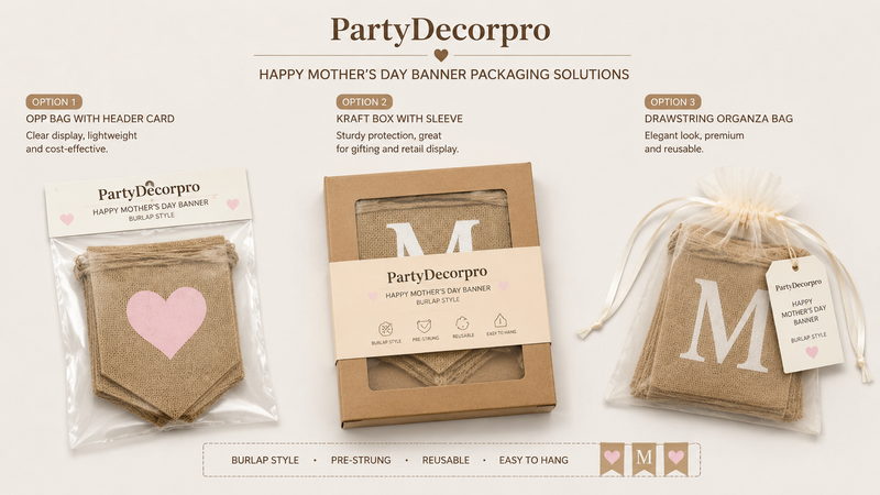 Custom Mother's Day Burlap Banner Packaging Solutions Featuring OPP Bag Kraft Window Box and Organza Drawstring Pouch