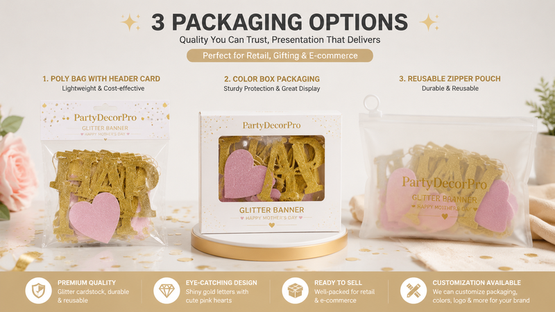 Custom Mother's Day Glitter Banner Packaging Solutions Featuring Header Bag Window Box and Reusable Zipper Pouch