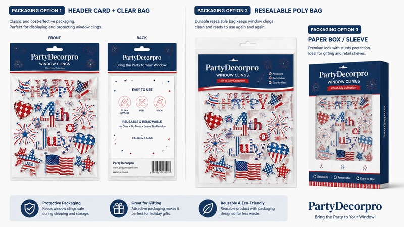 Custom window cling packaging solutions featuring header card bags, resealable poly bags, and retail paper box packaging for patriotic holiday window decorations