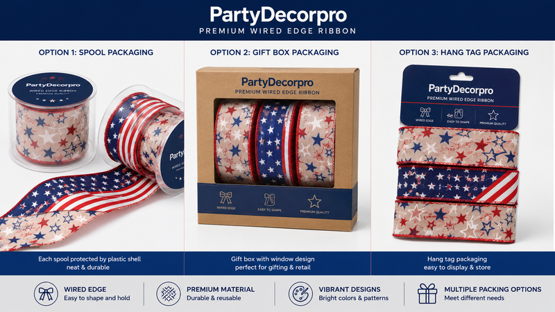 Custom wired edge ribbon packaging solutions featuring clear spool containers, window gift boxes, and header card retail packaging designs