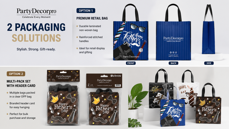 Custom Father's Day gift bag packaging solutions featuring retail display bags and multi-pack header card packaging for wholesale branding