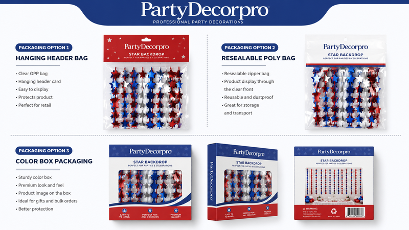 Custom Packaging Options for Patriotic Star Fringe Backdrop Curtain Including Header Card Bag Resealable Poly Bag and Retail Color Box Packaging