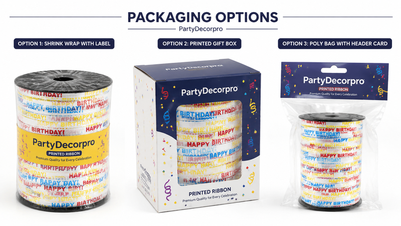 Ribbon packaging options including shrink wrap poly bag and gift box for wholesale decorative ribbon