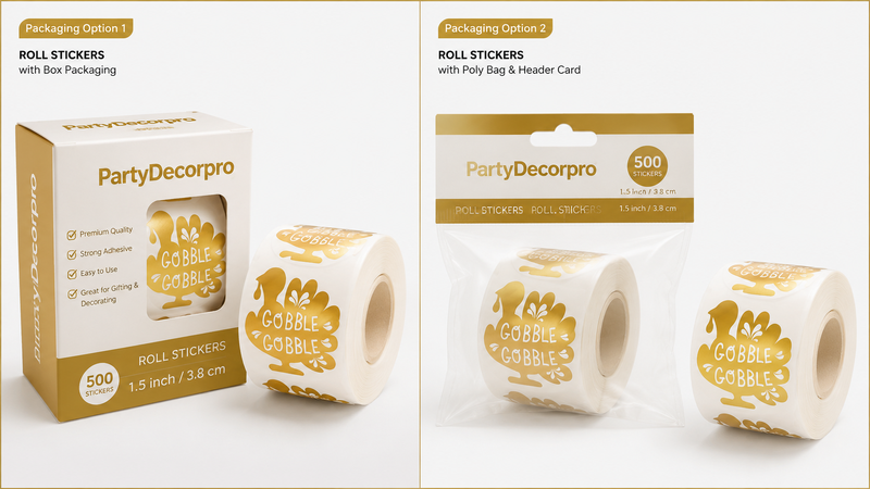 Custom roll sticker packaging solutions with box and poly bag options for wholesale party decoration products