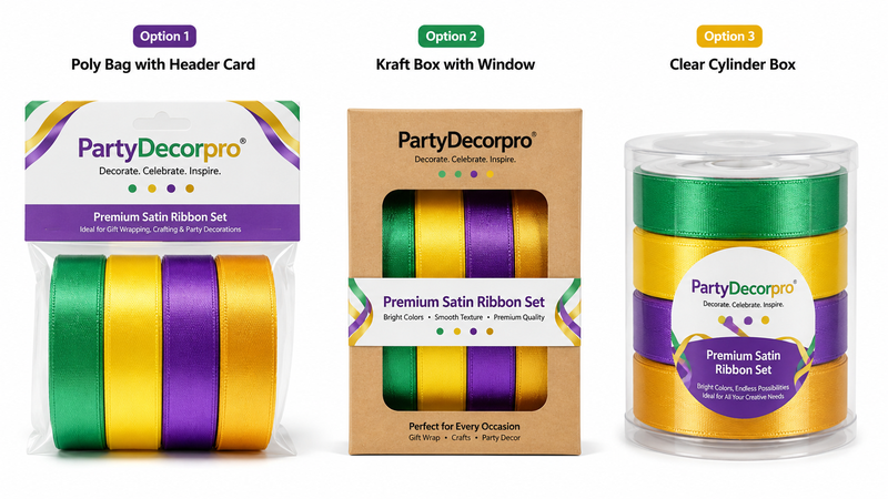 Custom satin ribbon packaging solutions featuring header card poly bag, kraft window box and clear cylinder box for retail and wholesale display
