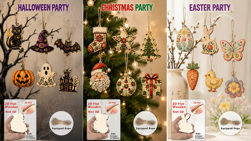 Custom 2D wooden hanging ornaments featuring Halloween, Christmas, and Easter themed designs for seasonal party decorations.