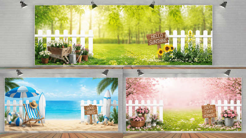 16:9 collage showcasing three customizable backdrop themes including sunny garden, tropical beach, and cherry blossom park designs with vibrant HD printing for party and event decoration