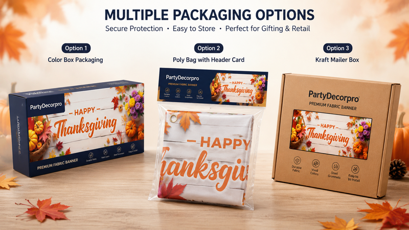 Custom packaging options for seasonal fabric banners including color box, header card poly bag, and kraft mailer box solutions.