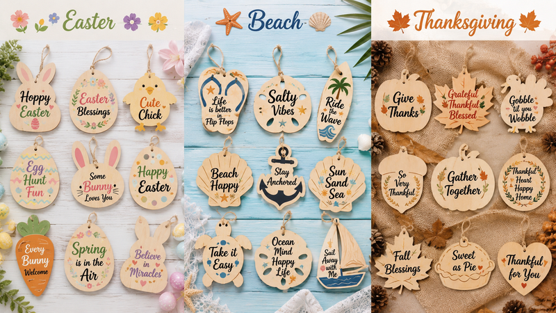 Custom natural wood DIY hanging ornaments in Easter, Summer Beach, and Thanksgiving themes for seasonal crafts and wholesale