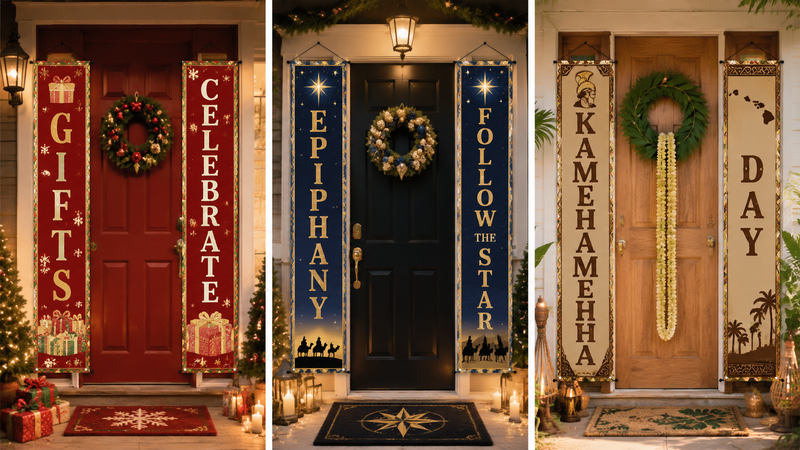 Custom Holiday Door Banner Design Concepts for Gift Festival Epiphany and Kamehameha Day Celebrations