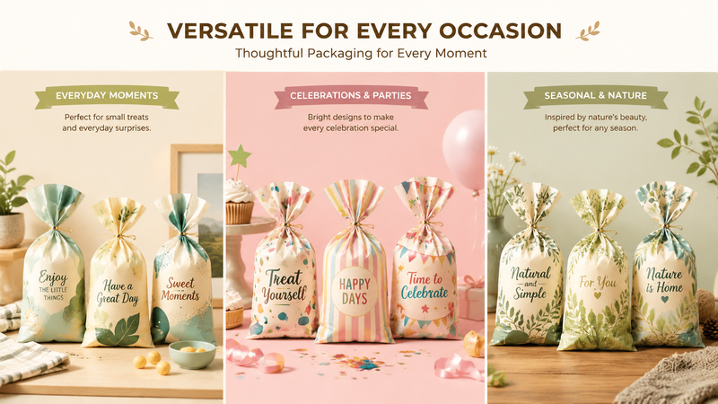 Multi-theme customizable gift packaging bags in seasonal designs displayed in a clean product showcase composition