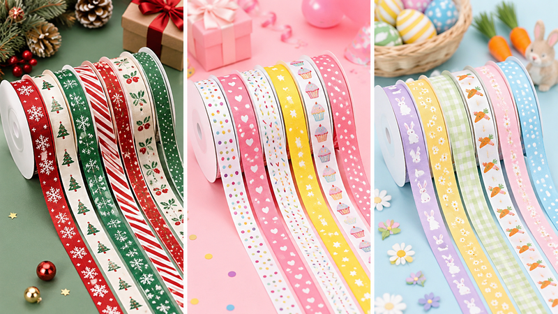 Custom Holiday and Party Theme Grosgrain Ribbon Collection with Christmas, Birthday, and Easter Designs