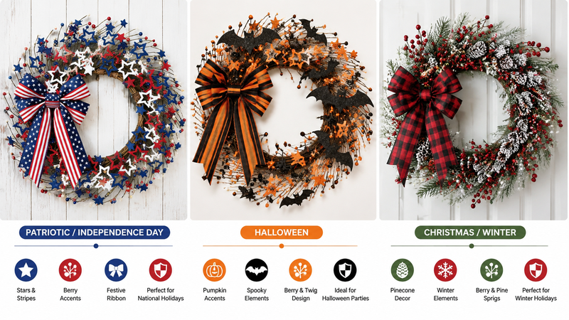 Custom holiday decorative wreaths with patriotic, Halloween and Christmas seasonal designs for wholesale party décor