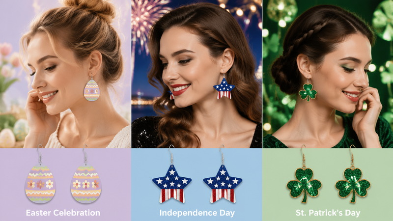 Custom holiday themed earrings for Easter, Independence Day and St. Patrick’s Day party accessories