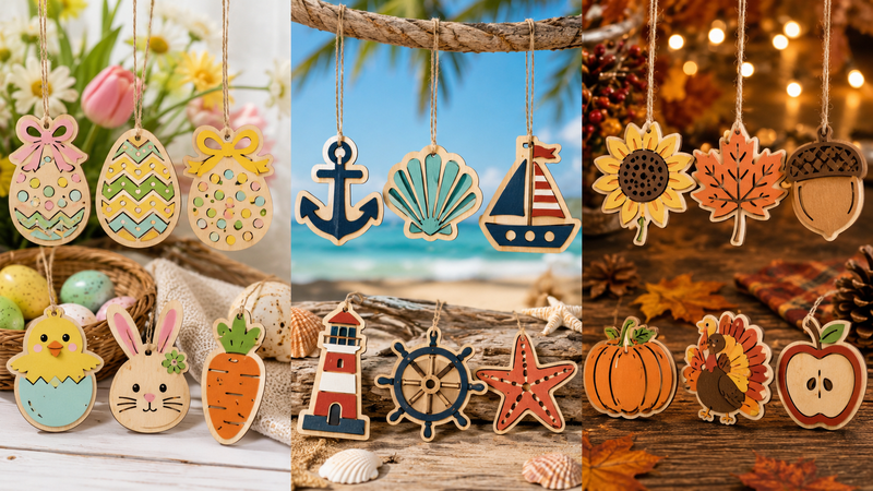 Custom natural wooden hanging ornaments in Easter, Summer, and Autumn themed designs for DIY crafts, seasonal decorations, and wholesale customization