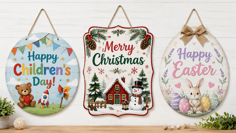 Three wooden hanging signs with Children’s Day Christmas and Easter themed designs displayed as seasonal wall decor set