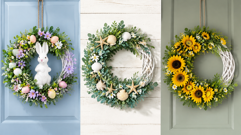 Seasonal wreath product featuring Easter bunny floral design with customizable spring, coastal and sunflower themed decorative variations for wholesale home decor