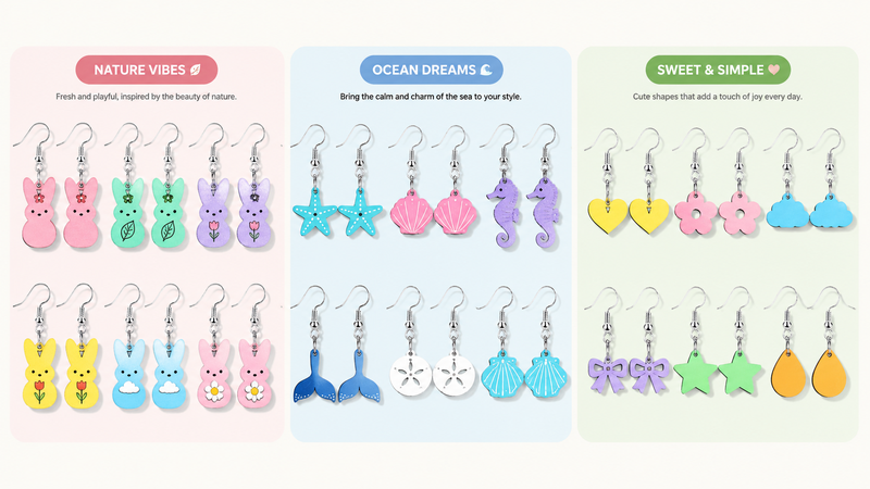 Colorful bunny-shaped earrings showcase multiple themed variations including ocean and minimalist designs in a clean layout