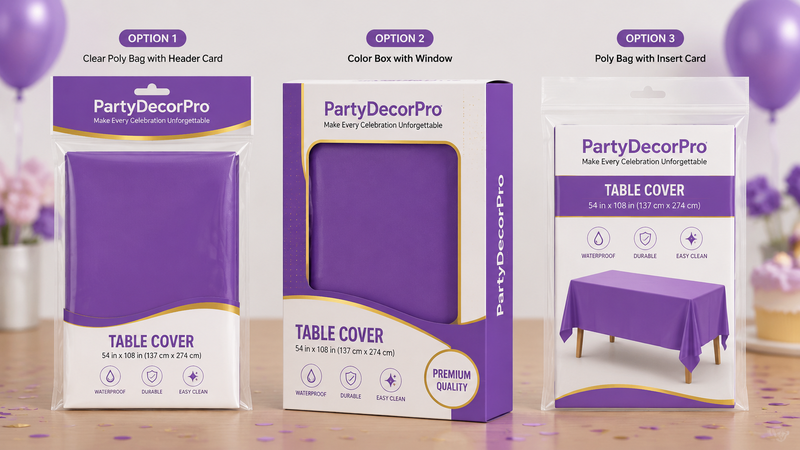 Custom solid color table cover packaging options with poly bags, window boxes and insert card solutions
