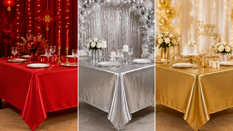Red silver gold wedding tablecloth customization display for party and event decoration