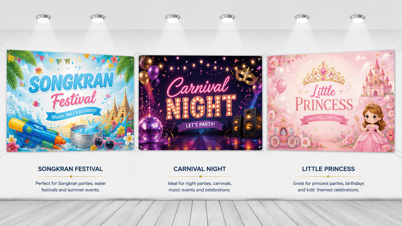 Custom themed backdrop banner collection featuring Songkran Festival, Carnival Night and Little Princess designs with vibrant colors for party decorations and event backgrounds