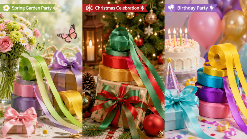 Custom themed satin ribbon collection featuring Spring Garden, Christmas and Birthday Party designs for gift wrapping and festive decorations