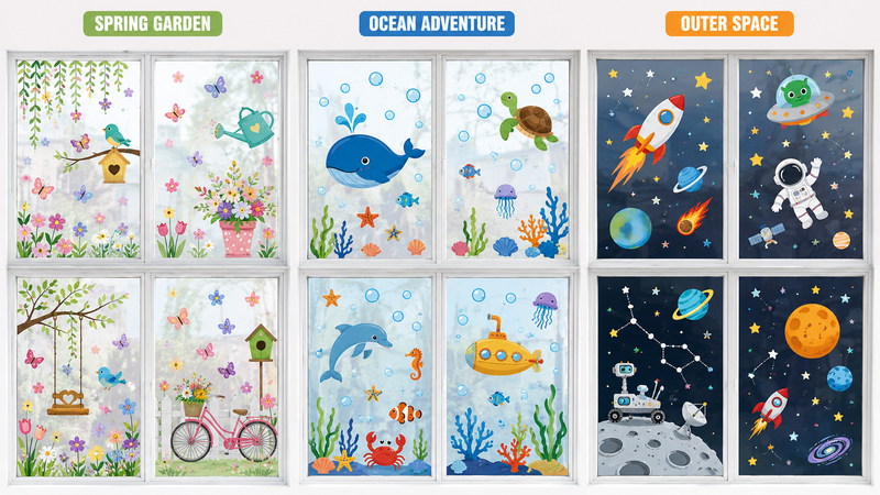 Custom themed static cling window stickers featuring Spring Garden, Ocean Adventure, and Space Exploration designs with colorful reusable decals for seasonal decorations and retail displays