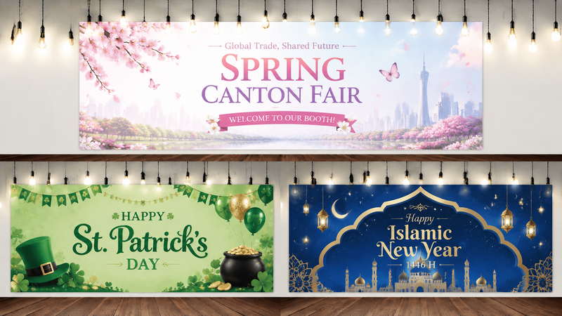 16:9 custom event backdrop banner design showcase featuring Spring Trade Show, St. Patrick’s Day, and Islamic New Year themes with vibrant decorative backgrounds