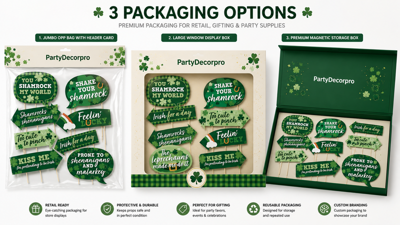 St Patricks Day photo booth props packaging solutions featuring oversized header card bag, large window display box, and premium magnetic storage box