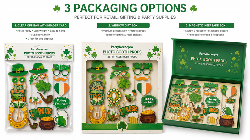 St Patricks Day photo booth props packaging solutions featuring header card OPP bag, window display gift box, and magnetic storage box for custom branding