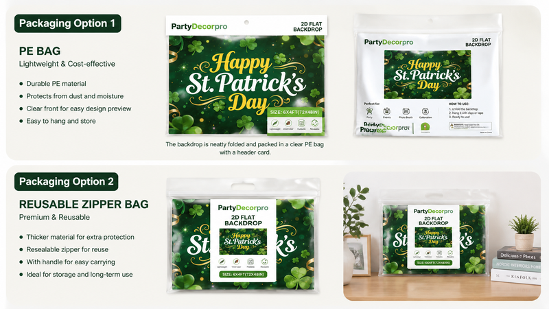 St. Patrick's Day backdrop packaging solutions featuring PE bag with header card and reusable zipper bag, custom retail packaging options for wholesale party decoration products