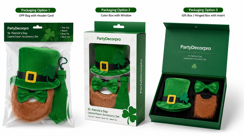 Custom St. Patrick's Day leprechaun accessory set packaging with display bag, window box, and premium gift box for retail and wholesale presentation