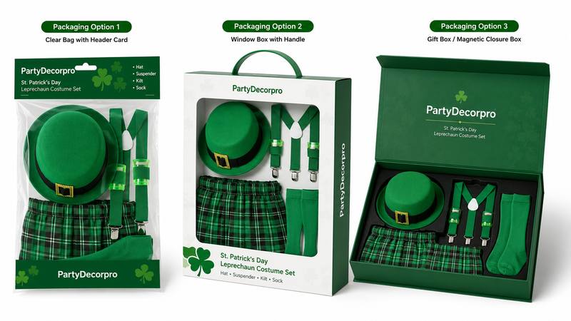 Custom St. Patrick's Day leprechaun costume set packaging with display bag, carry-handle window box, and magnetic gift box for retail and wholesale presentation