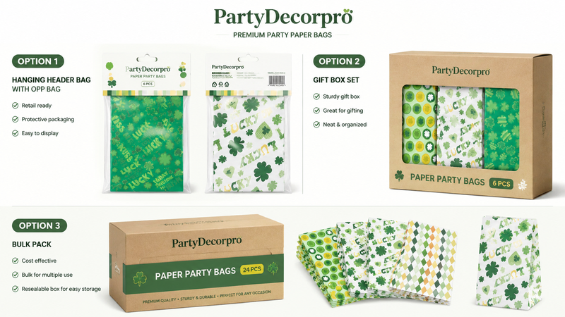 St. Patrick's Day paper party bag packaging options including header card bag packaging, gift box packaging, and bulk pack retail-ready solutions with customizable branding and retail display designs