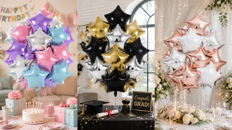 Star shaped foil balloon decoration set in multiple party themes for birthdays, graduations, and weddings